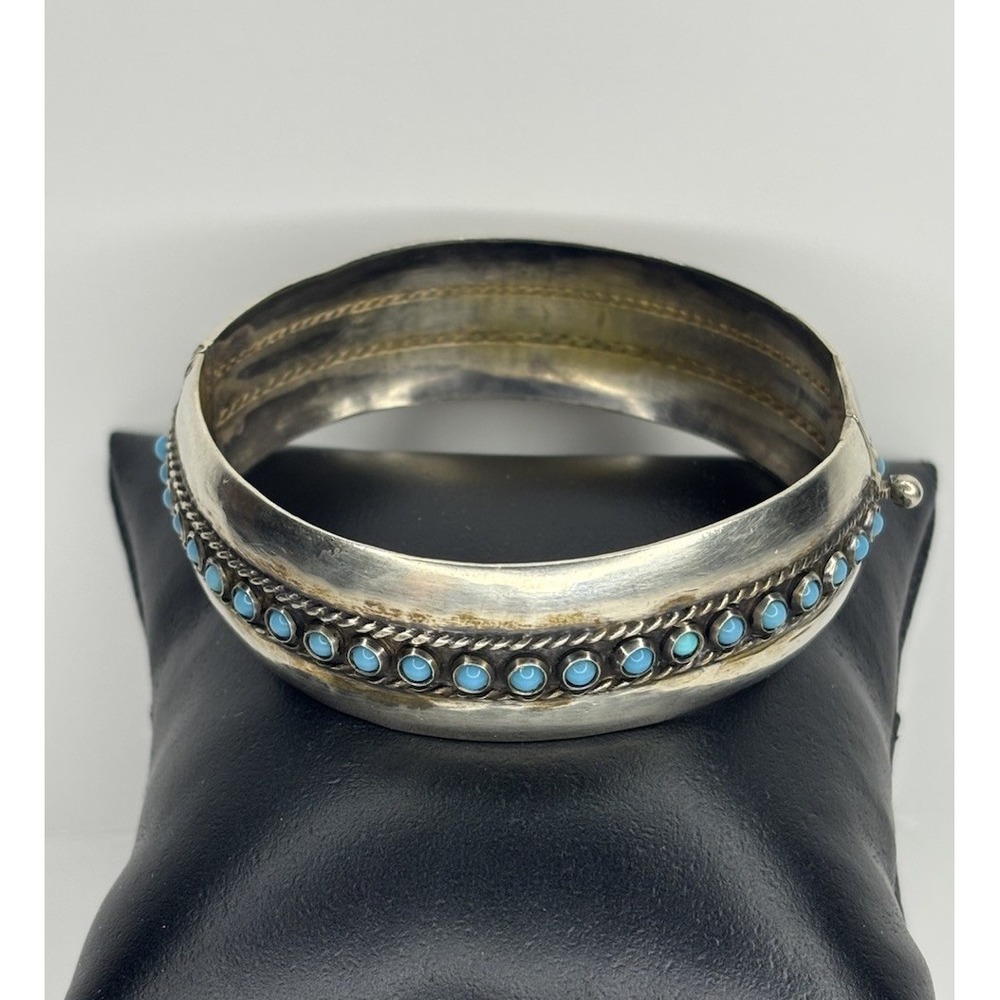 Vintage Taxco Mexico 900 Silver Turquoise Hinged Bangle Bracelet 20mm Wide - Picture 2 of 9